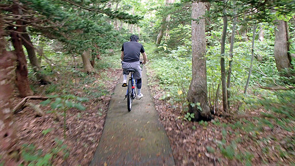 狭い道を自転車で。